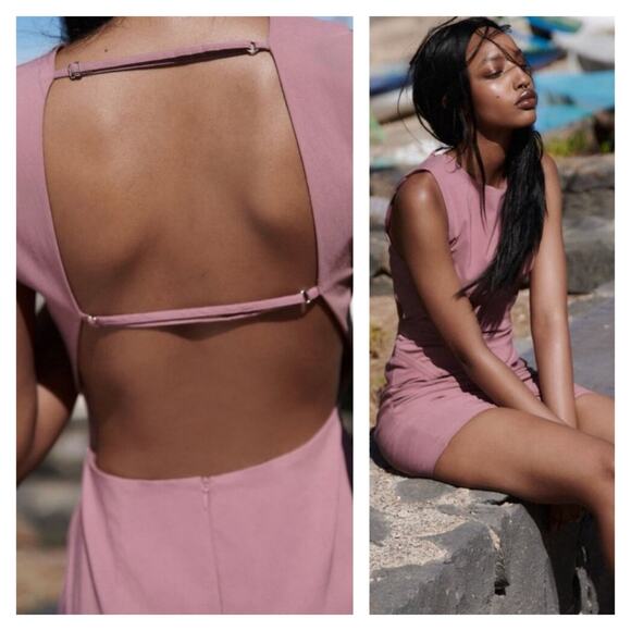 NWT Zara Ruched Bodycon Dress XS Pink Open Back Strappy Sleeveless Blogger Fave - Picture 1 of 9